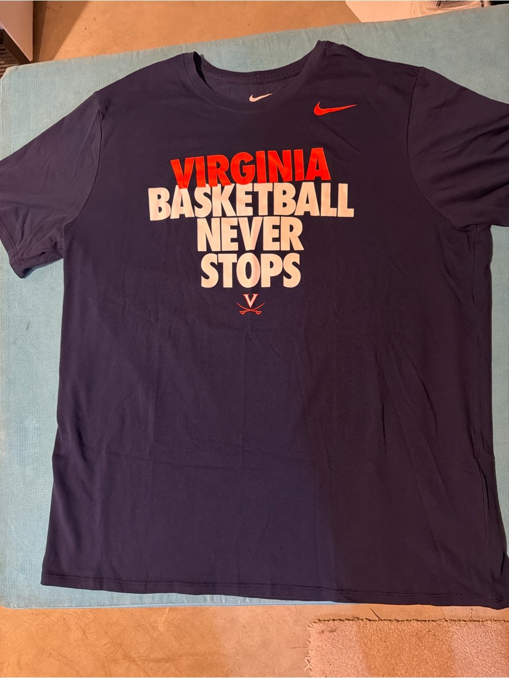 Nike Navy Virginia Basketball 'Never Stops' Tee with Red & White Graphics